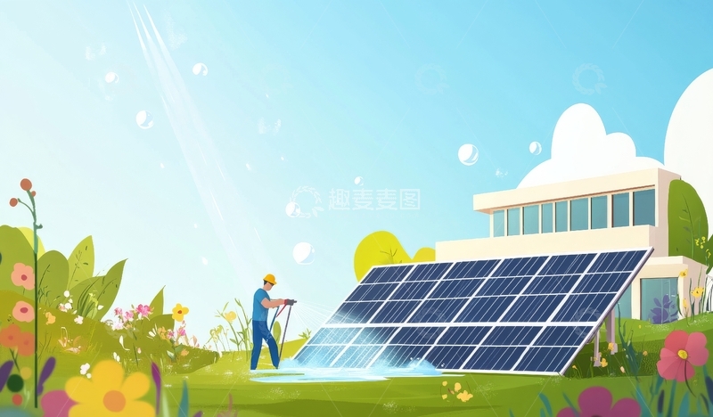 高清大图下载【趣麦麦图】工人清洁屋顶太阳能板