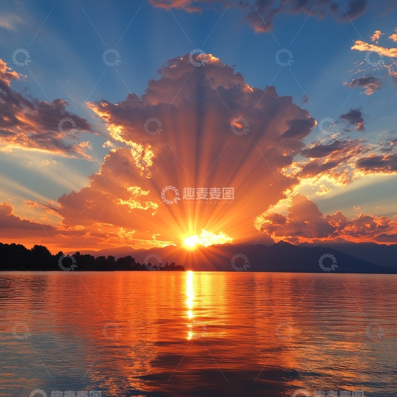高清大图下载【趣麦麦图】湖面夕阳，云层光芒四射