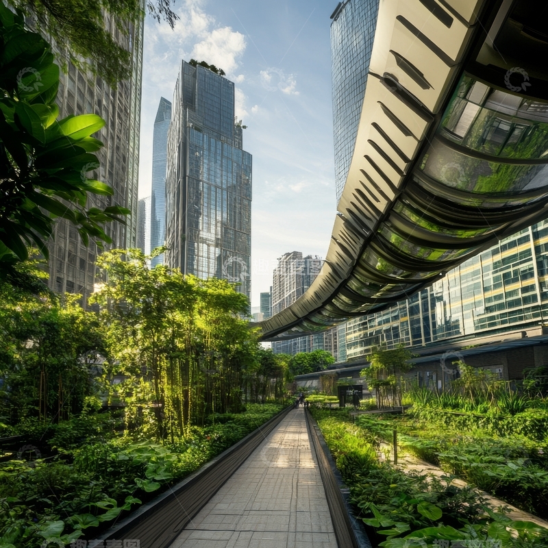 高清大图下载【趣麦麦图】城市绿廊与高楼相映成趣