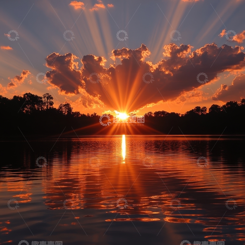 高清大图下载【趣麦麦图】湖面夕阳，光芒四射