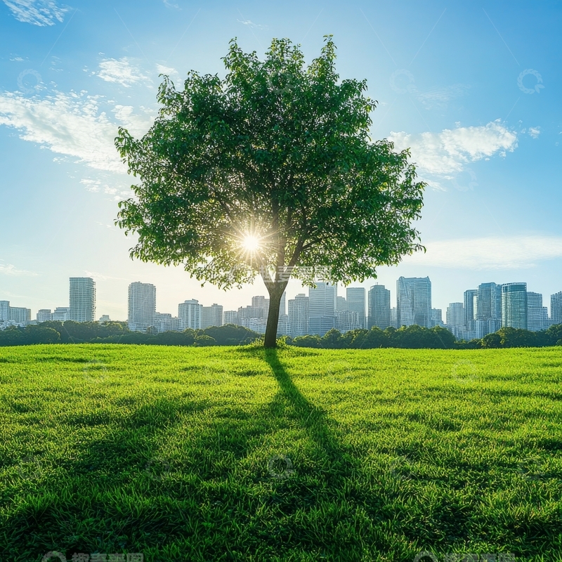 高清大图下载【趣麦麦图】城市绿地上的大树与阳光