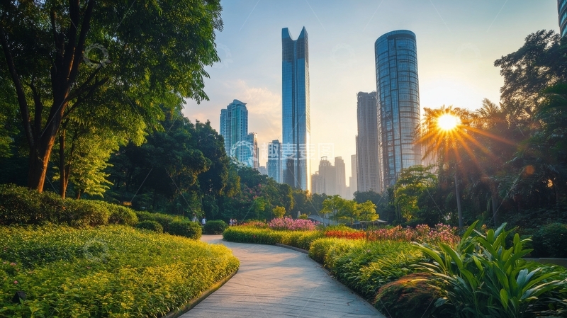 高清大图下载【趣麦麦图】城市公园日落景色