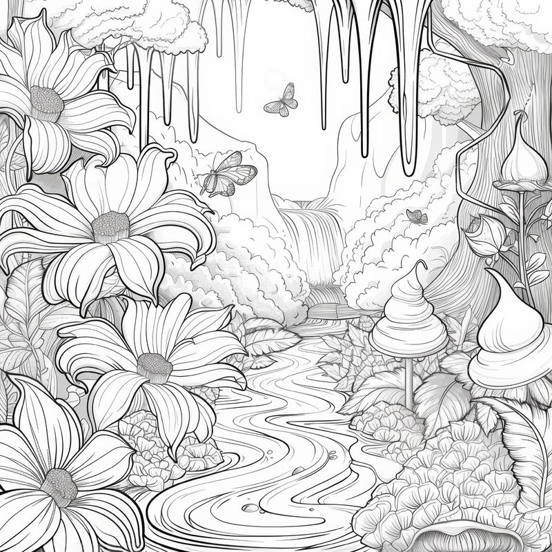 高清大图下载【趣麦麦图】黑白森林溪流与花卉