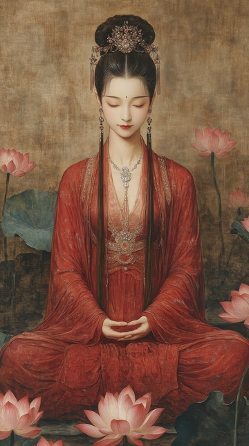 红衣女子静坐莲花池畔