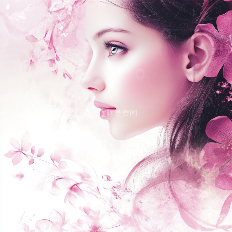高清大图下载【趣麦麦图】梦幻花卉环绕的女性侧脸