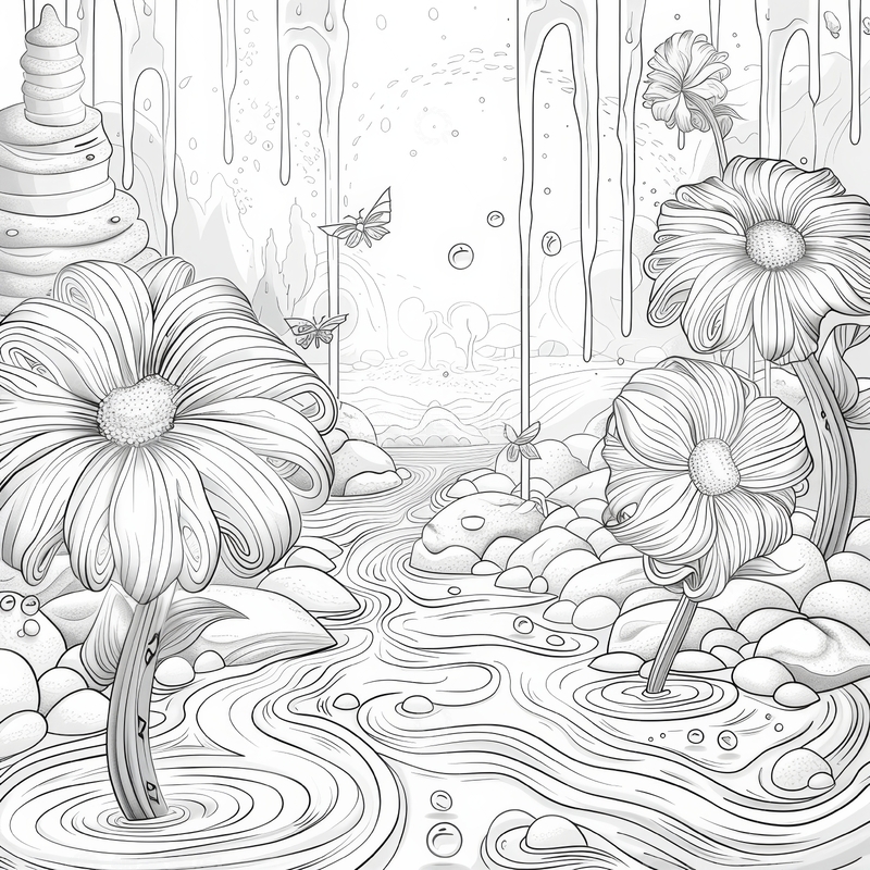 高清大图下载【趣麦麦图】黑白线条风格的花朵与溪流场景