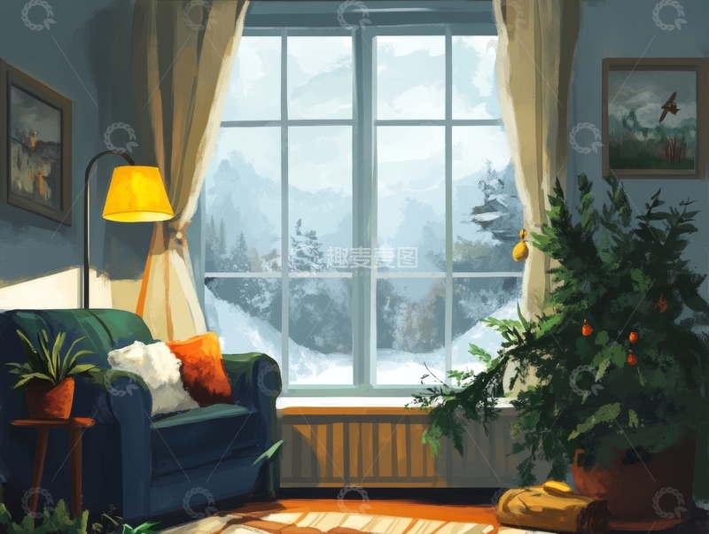 高清大图下载【趣麦麦图】温馨客厅与窗外雪景
