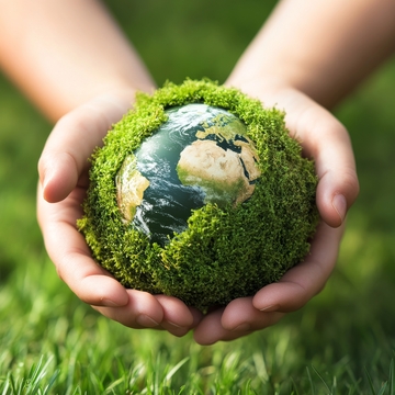 双手捧着覆盖青苔的地球模型
