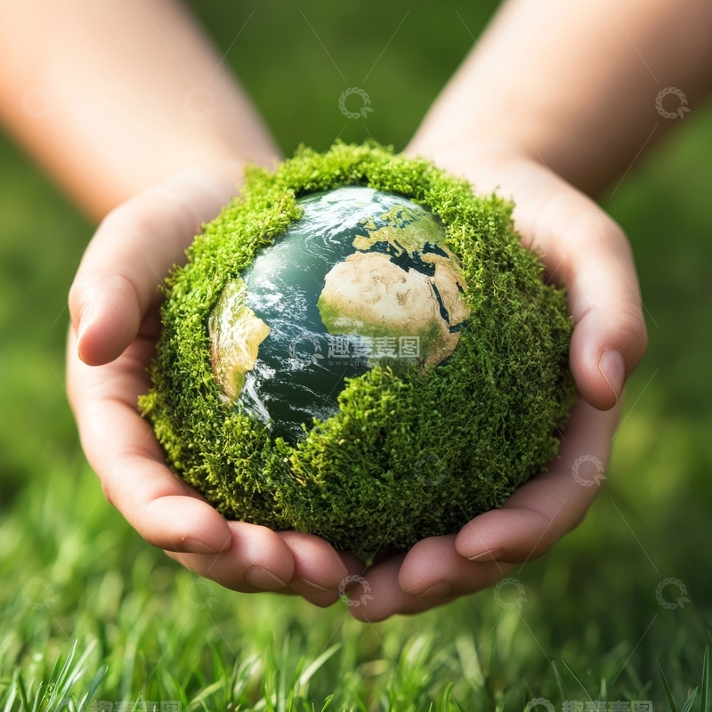 高清大图下载【趣麦麦图】双手捧着覆盖青苔的地球模型