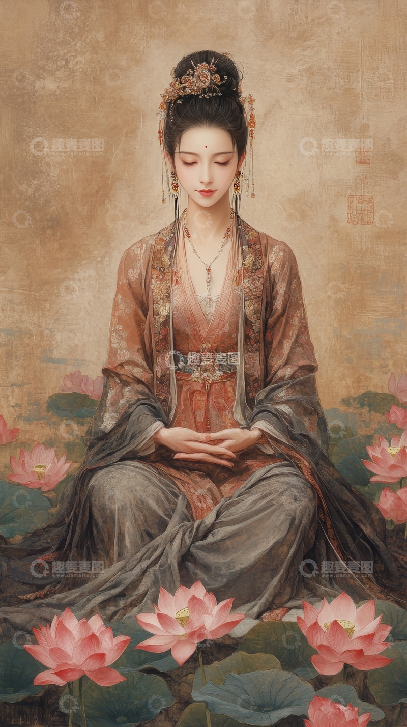 古典女子静坐莲花池畔