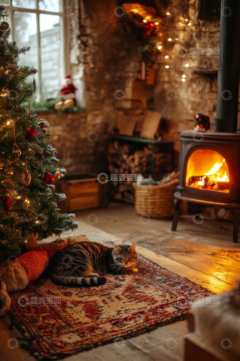高清大图下载【趣麦麦图】圣诞树旁猫咪在温暖壁炉前休息
