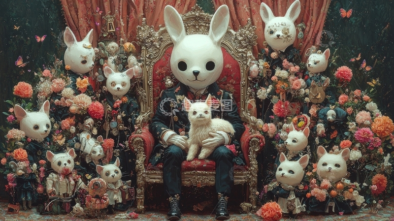 高清大图下载【趣麦麦图】华丽背景中的兔子面具人物与猫咪