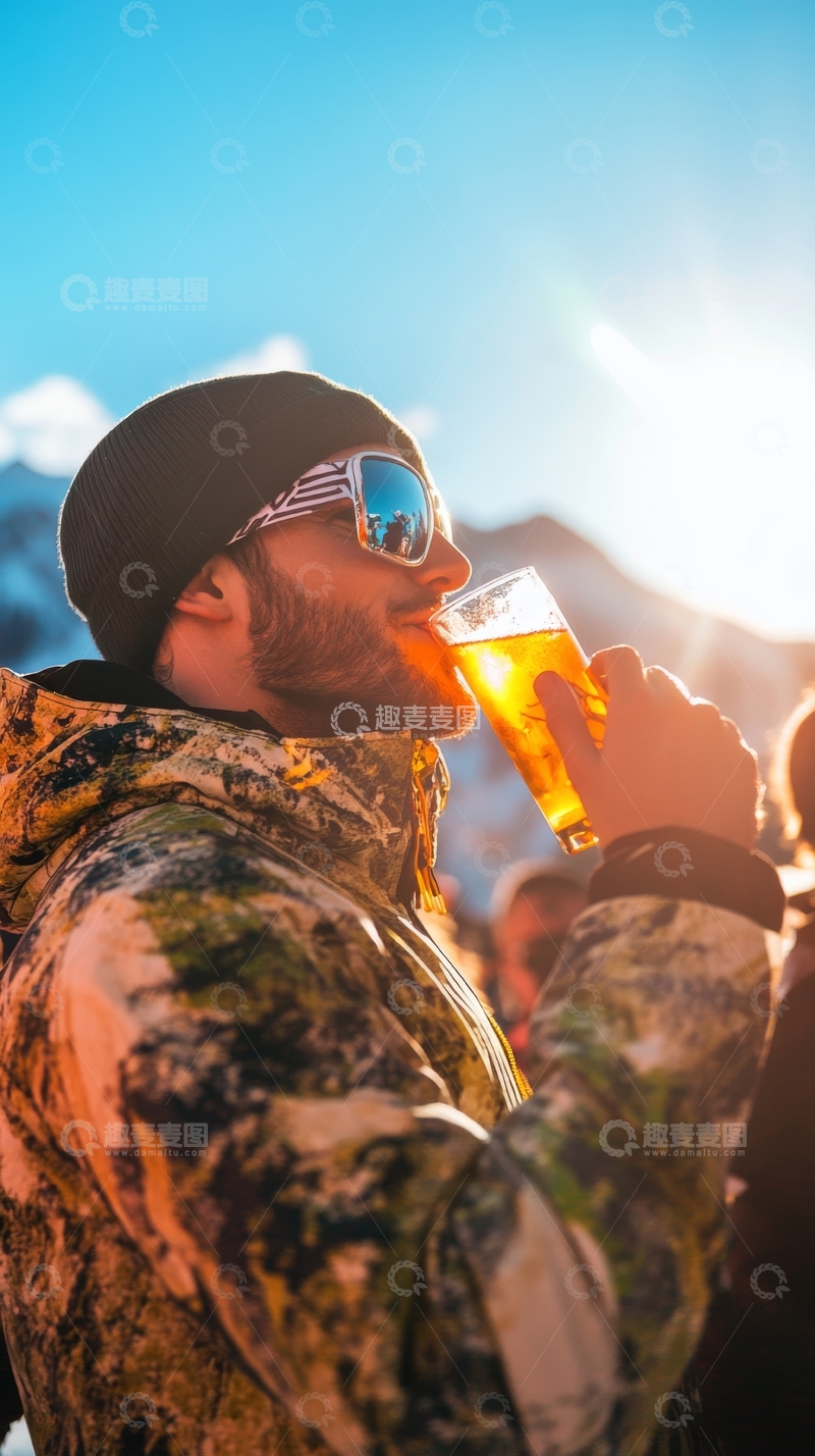 高清大图下载【趣麦麦图】户外男子穿着迷彩服喝啤酒