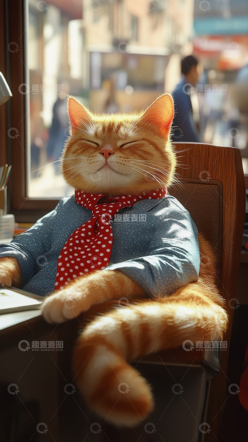 高清大图下载【趣麦麦图】穿西装的猫咪悠闲地坐在窗边