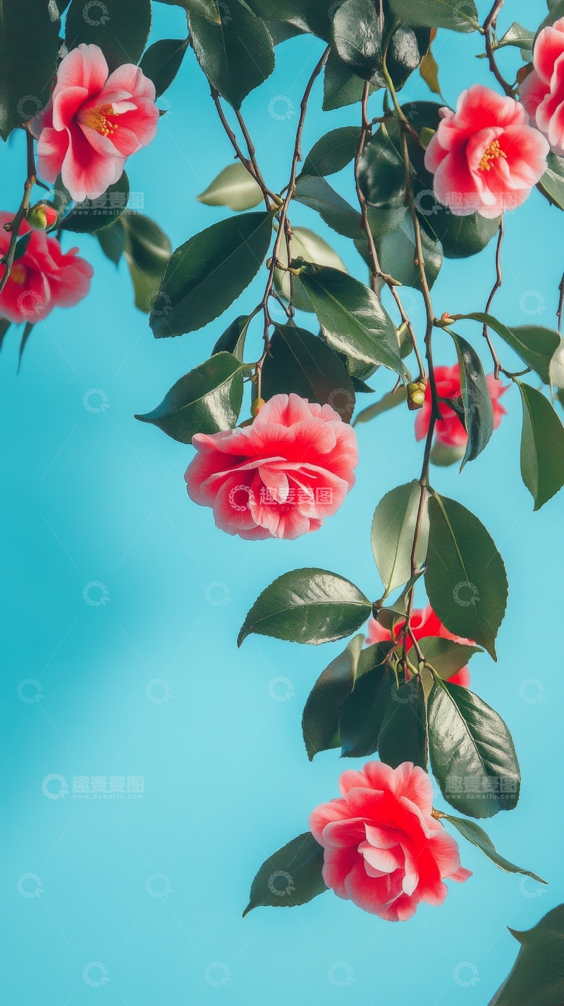 高清大图下载【趣麦麦图】粉红山茶花在蓝天背景下的美丽枝条