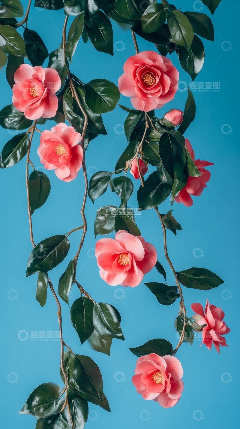 高清大图下载【趣麦麦图】蓝背景下绽放的粉色花朵