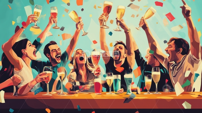 高清大图下载【趣麦麦图】欢庆时刻：朋友们举杯共饮