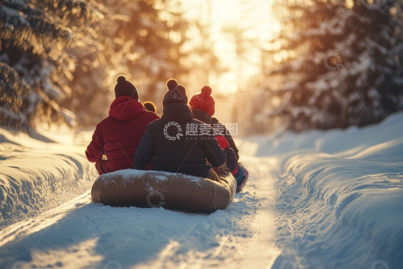 高清大图下载【趣麦麦图】冬日雪地，家人共乘雪橇