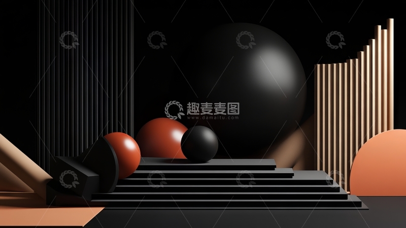 高清大图下载【趣麦麦图】几何球体与阶梯的抽象艺术场景