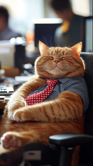 穿衬衫领带的猫咪坐在办公椅上
