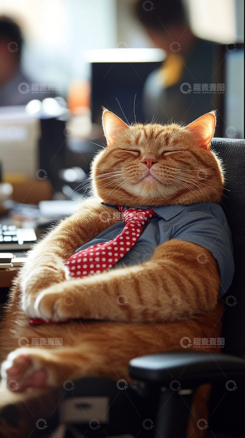 高清大图下载【趣麦麦图】穿衬衫领带的猫咪坐在办公椅上