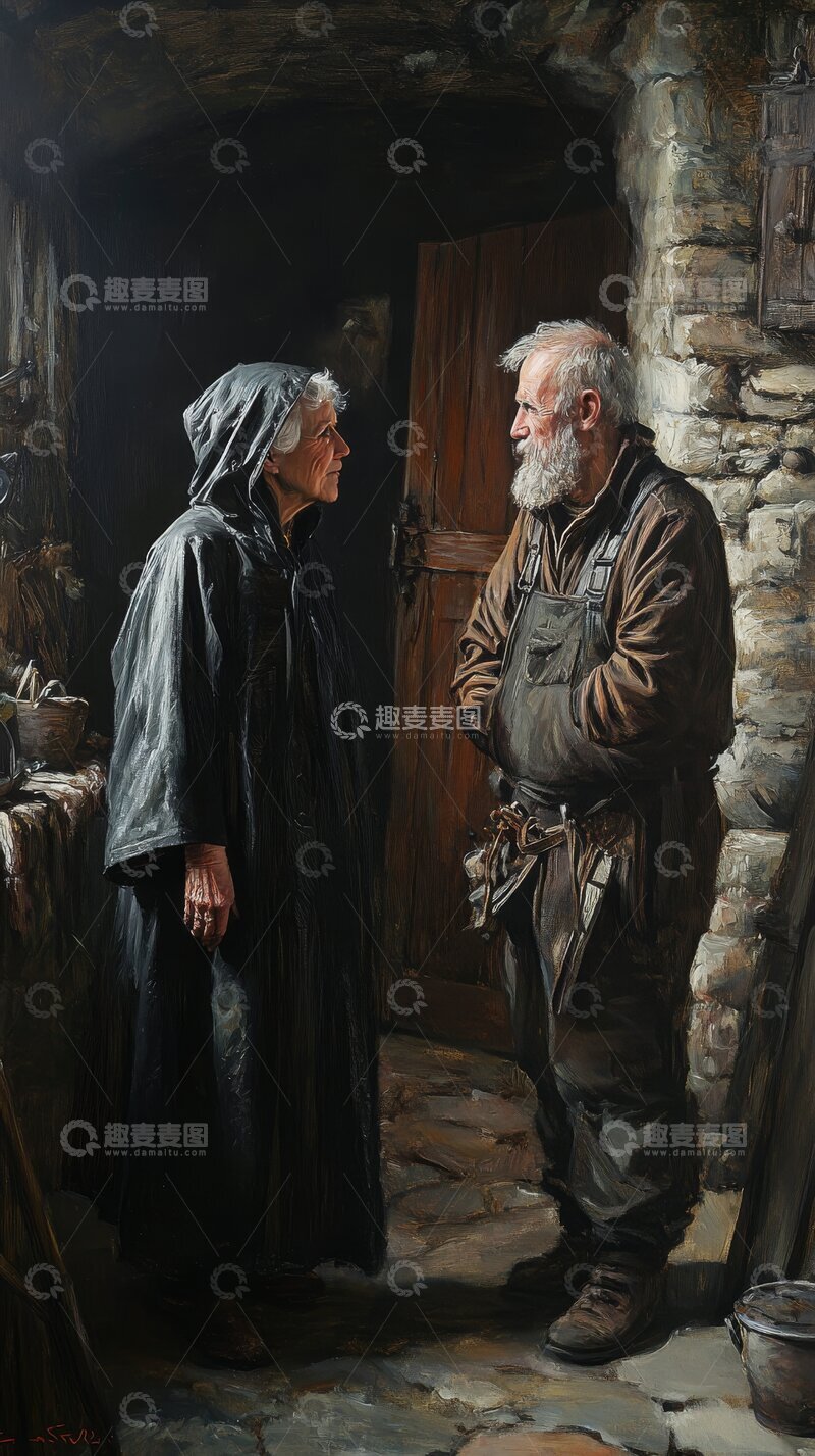 高清大图下载【趣麦麦图】石屋门口的对话