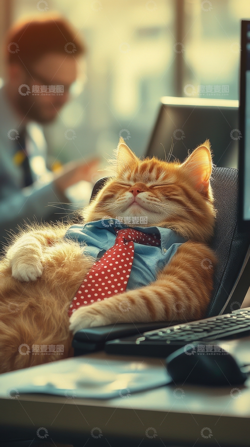 高清大图下载【趣麦麦图】穿西装的猫咪在办公桌前休息