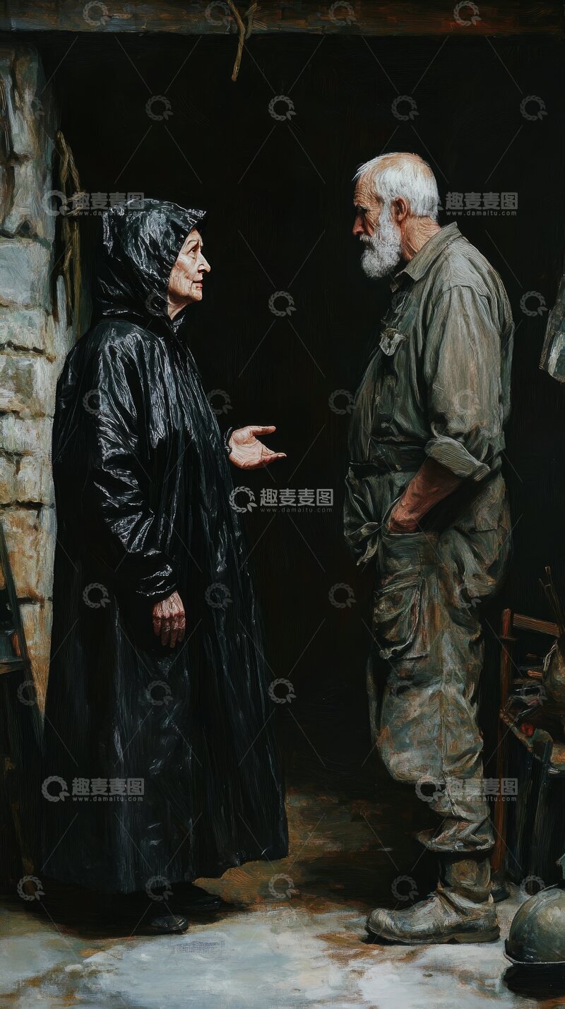 高清大图下载【趣麦麦图】雨中对话：老人与妇人