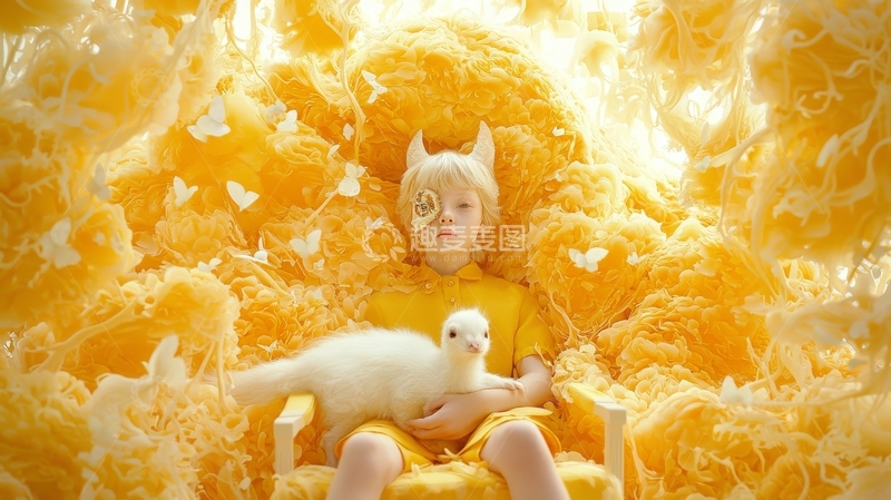 高清大图下载【趣麦麦图】金黄色背景中怀抱白兔的孩子