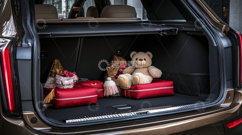 高清大图下载【趣麦麦图】汽车后备箱装载节日礼物和毛绒玩具