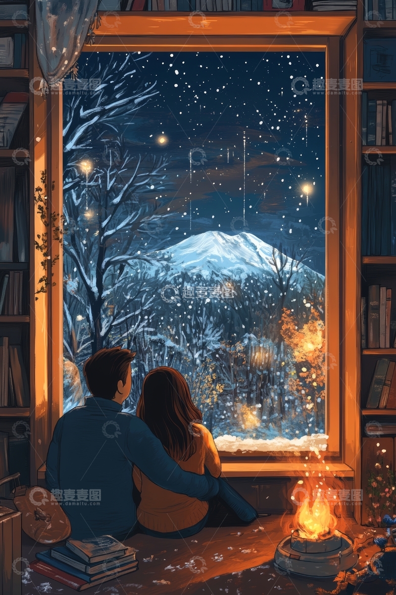 窗前夜景，共赏雪夜