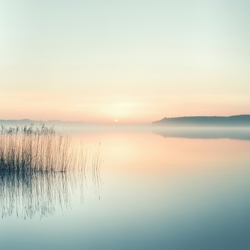 晨曦湖面，薄雾轻笼