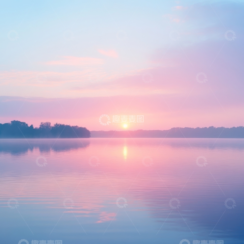 高清大图下载【趣麦麦图】湖面日出，晨雾轻笼