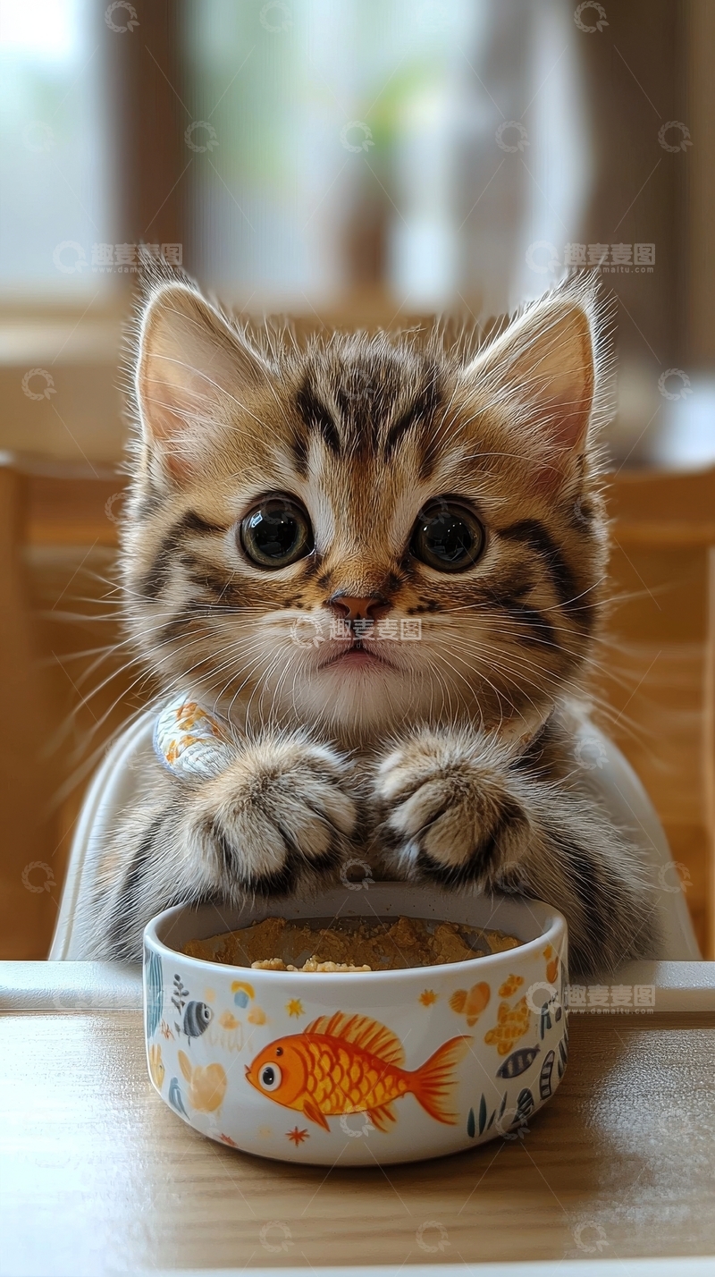 高清大图下载【趣麦麦图】小猫坐在餐桌前，双手捧着食物碗