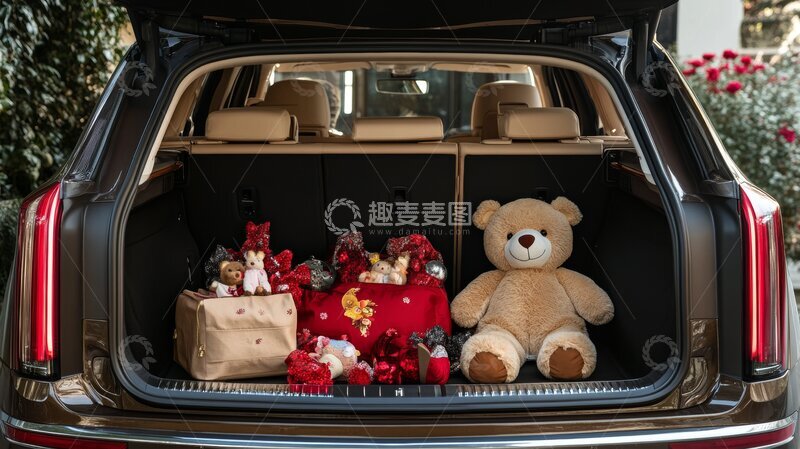 高清大图下载【趣麦麦图】车后备箱装满礼物和毛绒玩具