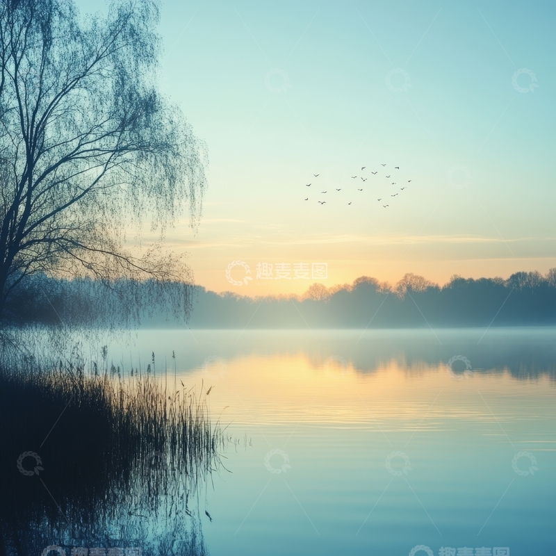 高清大图下载【趣麦麦图】晨曦湖畔，飞鸟掠过