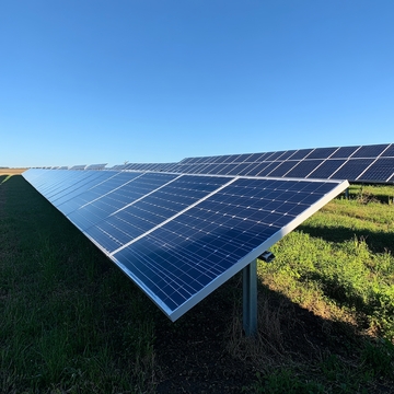 太阳能板在晴朗天空下的田野中
