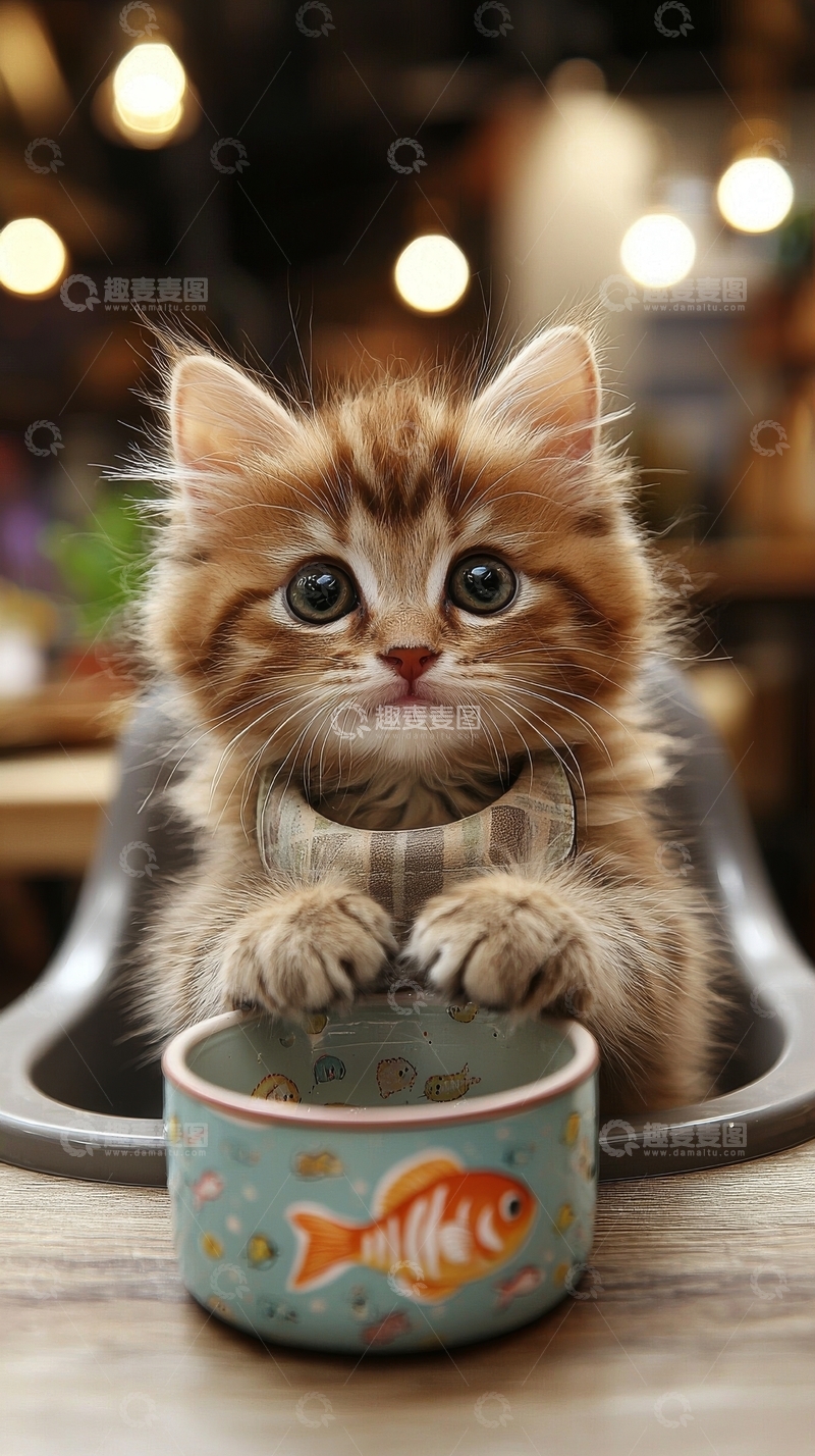 高清大图下载【趣麦麦图】小猫趴在鱼纹碗中，萌态十足