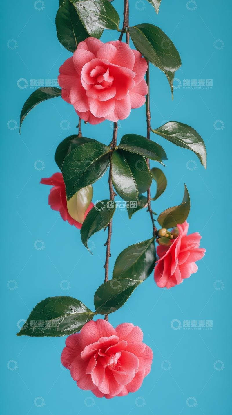 高清大图下载【趣麦麦图】粉色山茶花在蓝色背景下的优雅姿态