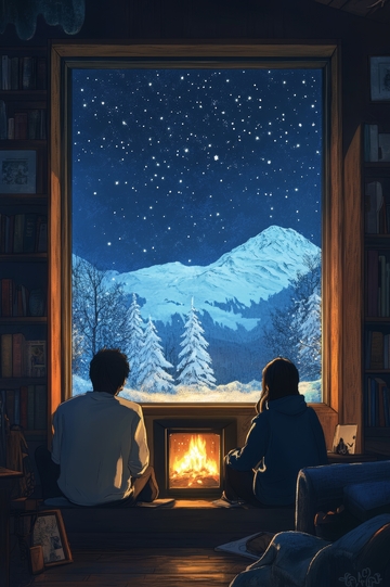 冬夜窗前，两人共赏雪山星空