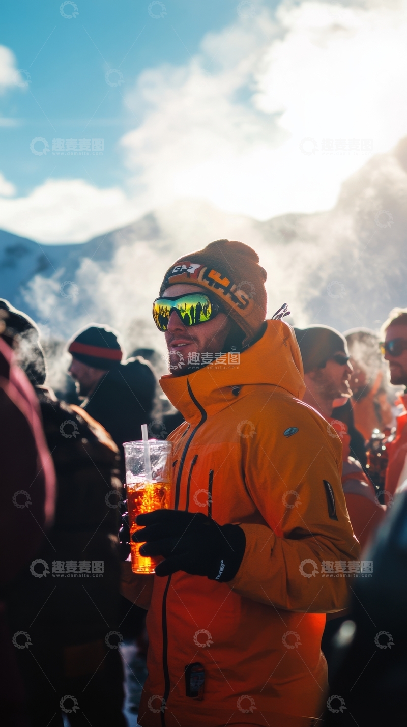 高清大图下载【趣麦麦图】雪山背景下，身穿橙色滑雪服的人手持饮品