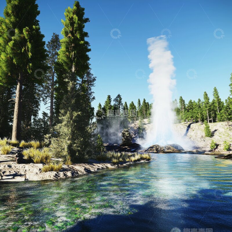 高清大图下载【趣麦麦图】森林中的喷泉与清澈溪流