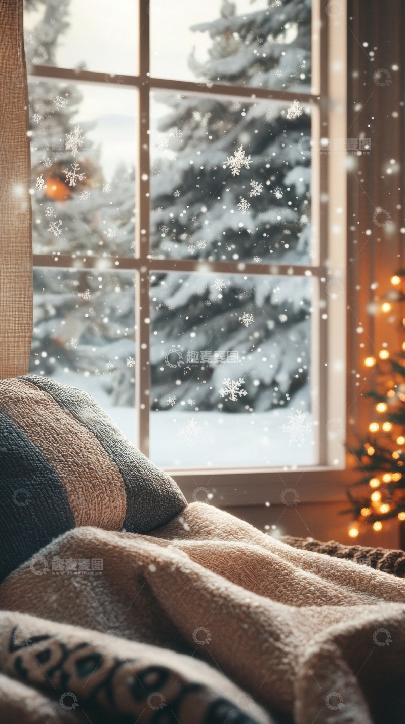 窗外雪景与室内温暖毯子