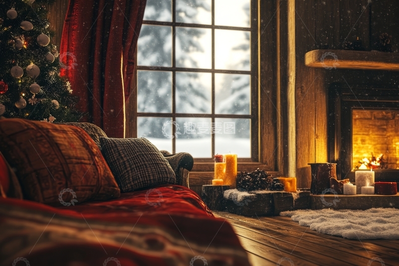 高清大图下载【趣麦麦图】温馨冬日客厅，炉火与圣诞树