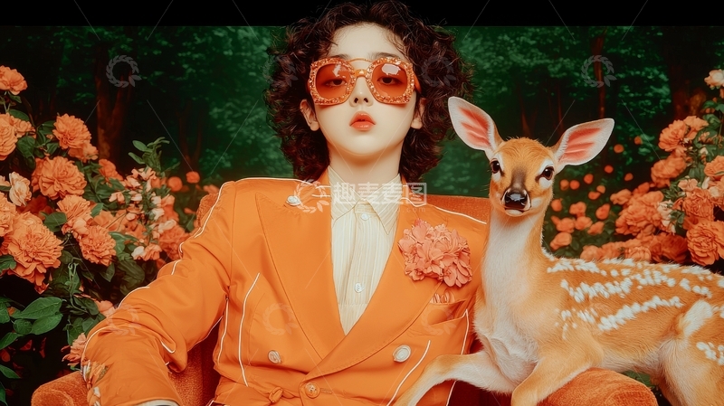 高清大图下载【趣麦麦图】橙色西装女子与小鹿在花丛中