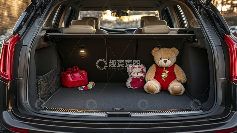 高清大图下载【趣麦麦图】汽车后备箱内放置毛绒玩具和物品