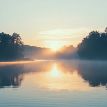 晨曦湖面，雾气缭绕