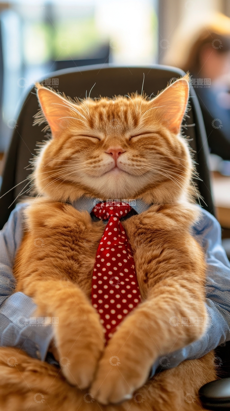 高清大图下载【趣麦麦图】穿衬衫领带的橘猫坐在椅子上