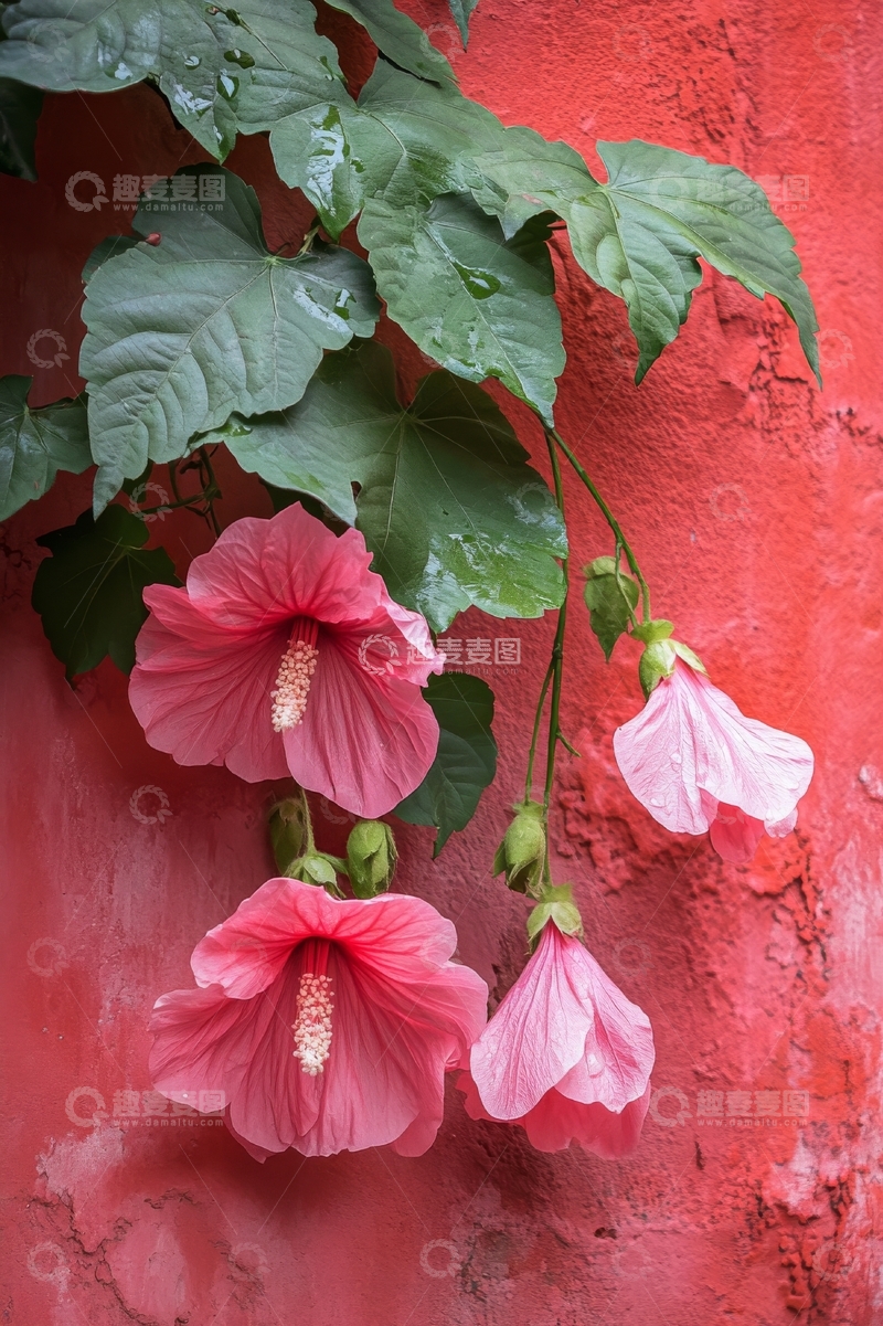 高清大图下载【趣麦麦图】红色墙上的粉色芙蓉花
