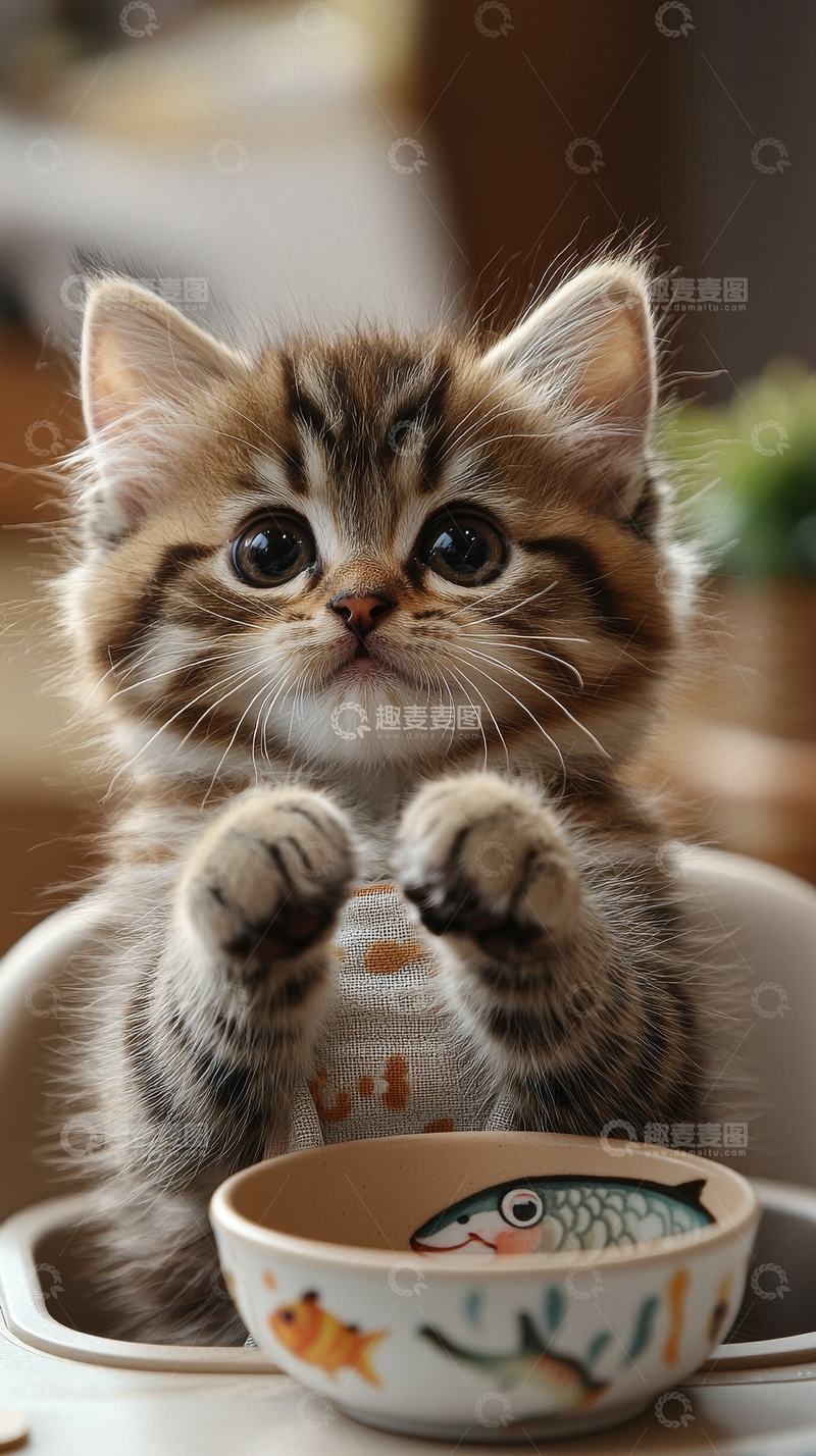 高清大图下载【趣麦麦图】小猫坐在碗旁，前爪抬起